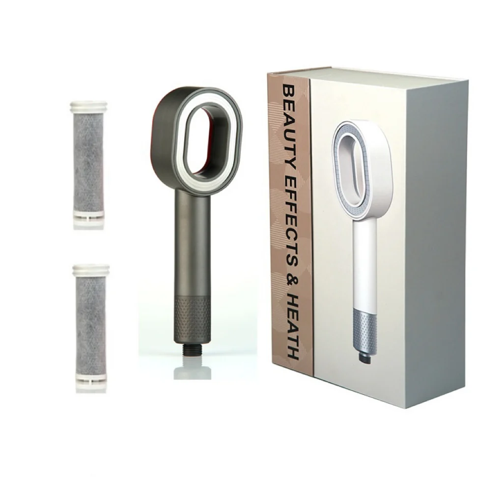 Produktbild av en modern vätegenerator med en innovativ design. De två filterelementen antyder att reningsprocessen kan inkludera Omvänd Osmos. Lådan med texten "Beauty Effects & Heath" antyder hälsofördelar.