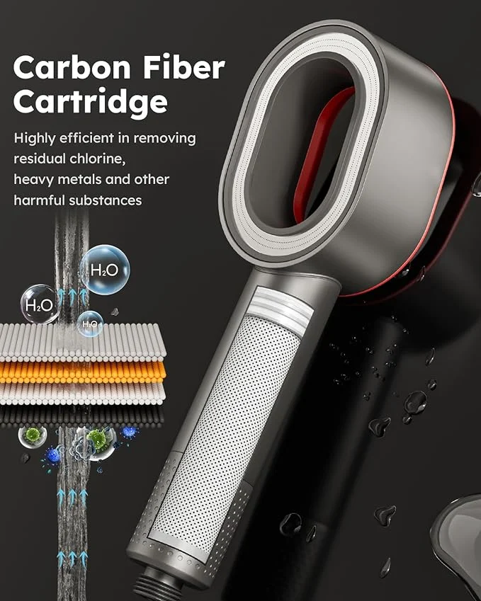Närbild av ett avancerat vattenfilter med kolfilterpatroner. Designen antyder en effektiv filtrering, möjligtvis genom processer liknande Omvänd Osmos, för att rena vatten från klor och skadliga ämnen. Elegant och effektiv.