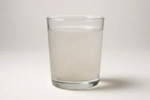 Ett glas fyllt med grumligt, mjölkaktigt vatten står framför en ljus bakgrund. Vätskan ser oklar och oren ut, vilket kan tyda på problem med vattenkvaliteten.