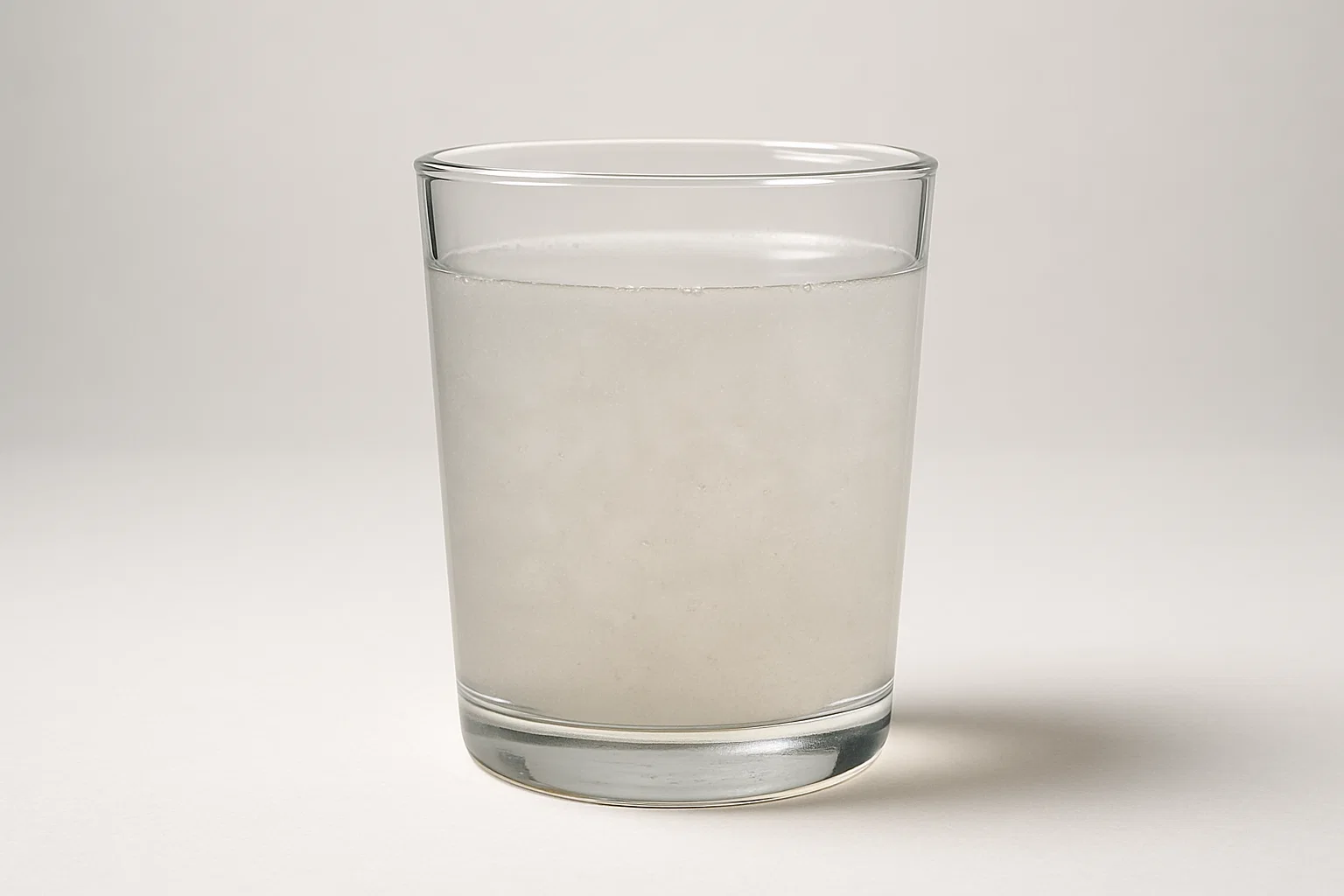 Ett glas fyllt med grumligt, mjölkaktigt vatten står framför en ljus bakgrund. Vätskan ser oklar och oren ut, vilket kan tyda på problem med vattenkvaliteten.