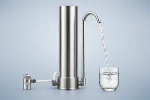 Elegant vattenfilter i rostfritt stål fyller ett glas med rent vatten. Denna filterlösning minskar risken för skadliga ämnen som PFAS, vilket ger säkrare dricksvatten för hela familjen.