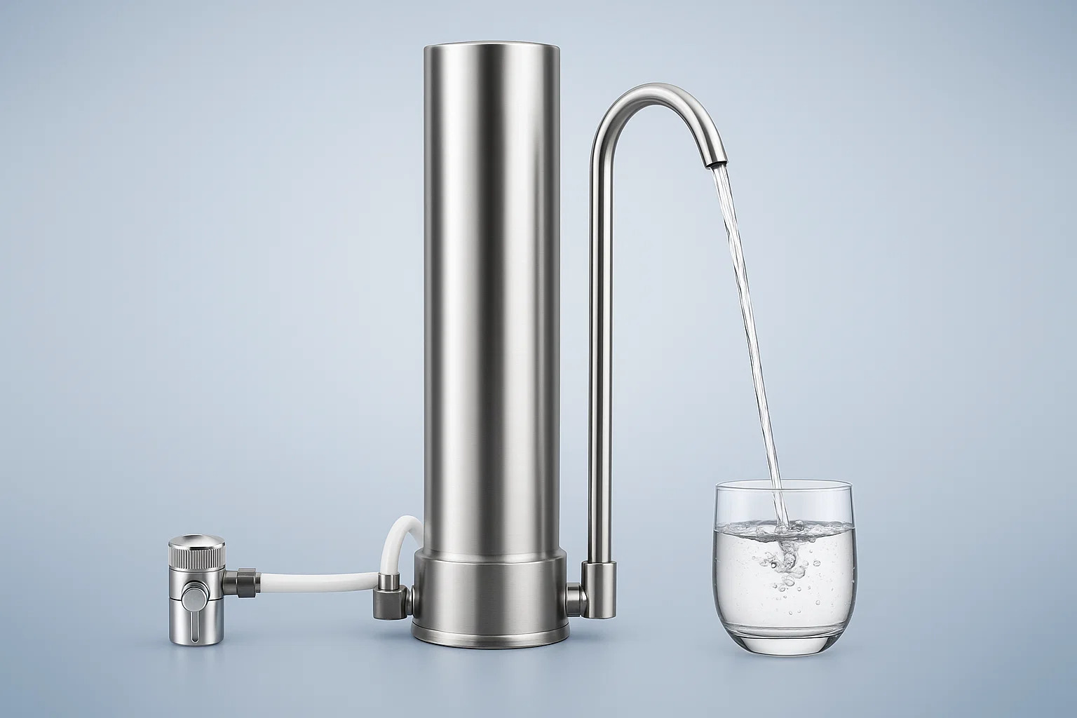 Elegant vattenfilter i rostfritt stål fyller ett glas med rent vatten. Denna filterlösning minskar risken för skadliga ämnen som PFAS, vilket ger säkrare dricksvatten för hela familjen.